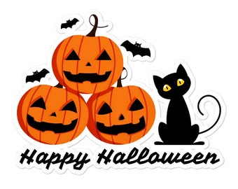 CAT and Jack O Lantern Vinyl LAPTOP DECAL, Happy Halloween Pumpkins Window Decal, Phone Case Locker Car Vehicle Skateboard Wine Glass Decal