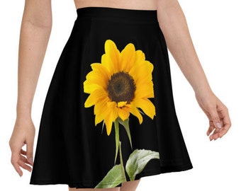 WOMEN HIPPIE SKIRT - Sunflower Black Skater Skirt, Party Wear Waistband Stretchy Skirt, Soft Comfy Girls Festival Dress Skirt Gift For Women