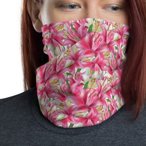 STARGAZER LILY Neck Gaiter, Floral Ski Gaiter Face Mask, Flower Balaclava, Bike Rag Do, Designer Neck Gaiter for Festivals, Hunting, Riding