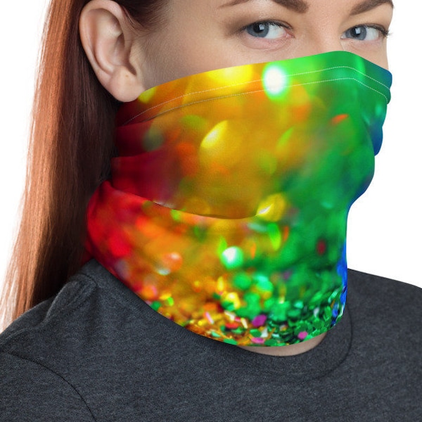 Masque facial RAINBOW GLITTER, masque imprimé pailleté, masque facial Ski Gaiter, guêtre de cou design, écharpe respirante ppe Biker Balaclava Hood Adulte