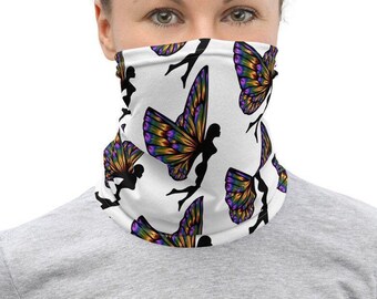 BUTTERFLY WING FAIRY Female Silhouette Ski Gaiter Face Mask, Easy Breath Festival Neck Gaiter Headband, Designer Neck Gaiter Biker Balaclava