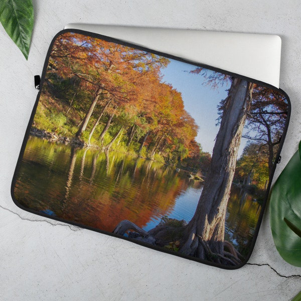 FALL Scene RIVER Photo Laptop Sleeve 13 15, Guadalupe River TX Neoprene Laptop Case, Dell ChromeBook Case, MacBook Air Sleeve, Fabric Cover