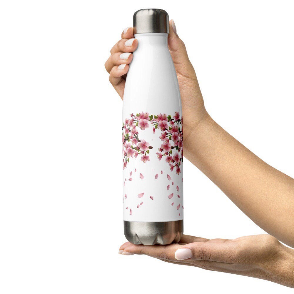 Cherry Blossom Water Bottle, Personalized Sakura Water Bottle,  Cherryblossom, Stainless Steel Slim Water Bottle, Pink Flower Travel Mug 