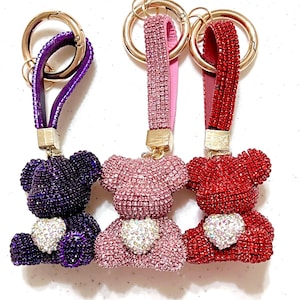 Rhinestone Covered Bear with Heart Keychains, Bling Sparkle Crystal Bear, Backpack Purse Duffel Bag Swag, Purple Pink Red, Zipper Pull