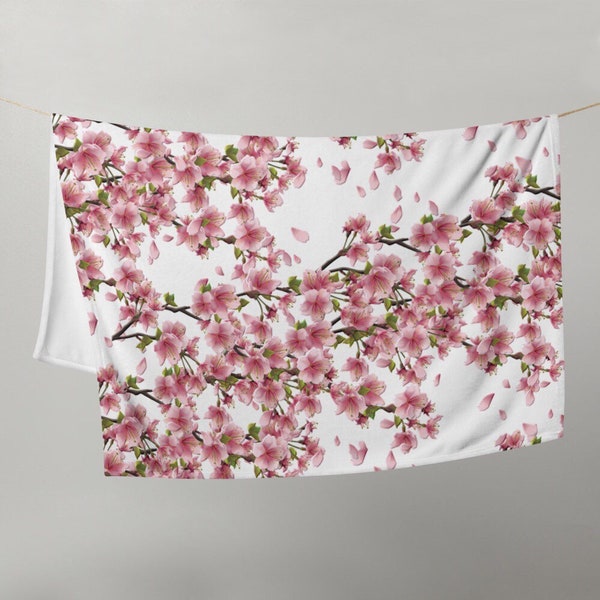 CHERRY BLOSSOM THROW, Pretty Pink Sakura Silky Soft Blanket, Pink Japanese Floral Warm Couch Bed Throw, Spring Blossom Throw, Ideal Travel