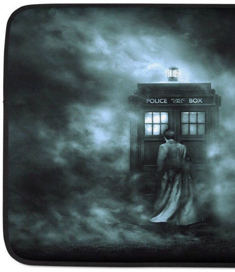 May include: A digitally created image featuring a blue police box with the words "POLICE PUBLIC CALL BOX" on top. A person in a long coat stands before the box, surrounded by a misty, atmospheric background.