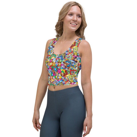 Stained Glass Mandala Patterned Crop Top, Womens Seamless Sports