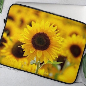 May include: A close-up of a bright yellow sunflower in a field of sunflowers. The sunflower is in focus, while the other sunflowers are blurred in the background.