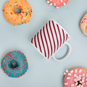 Red Stripped Coffee Cup, Fun Designer Mug, Red Pattern Cup of Joe, Candy Cane Hot Chocolate Mug, Christmas Mug, Red Line Soup Mug, Hot Cocoa
