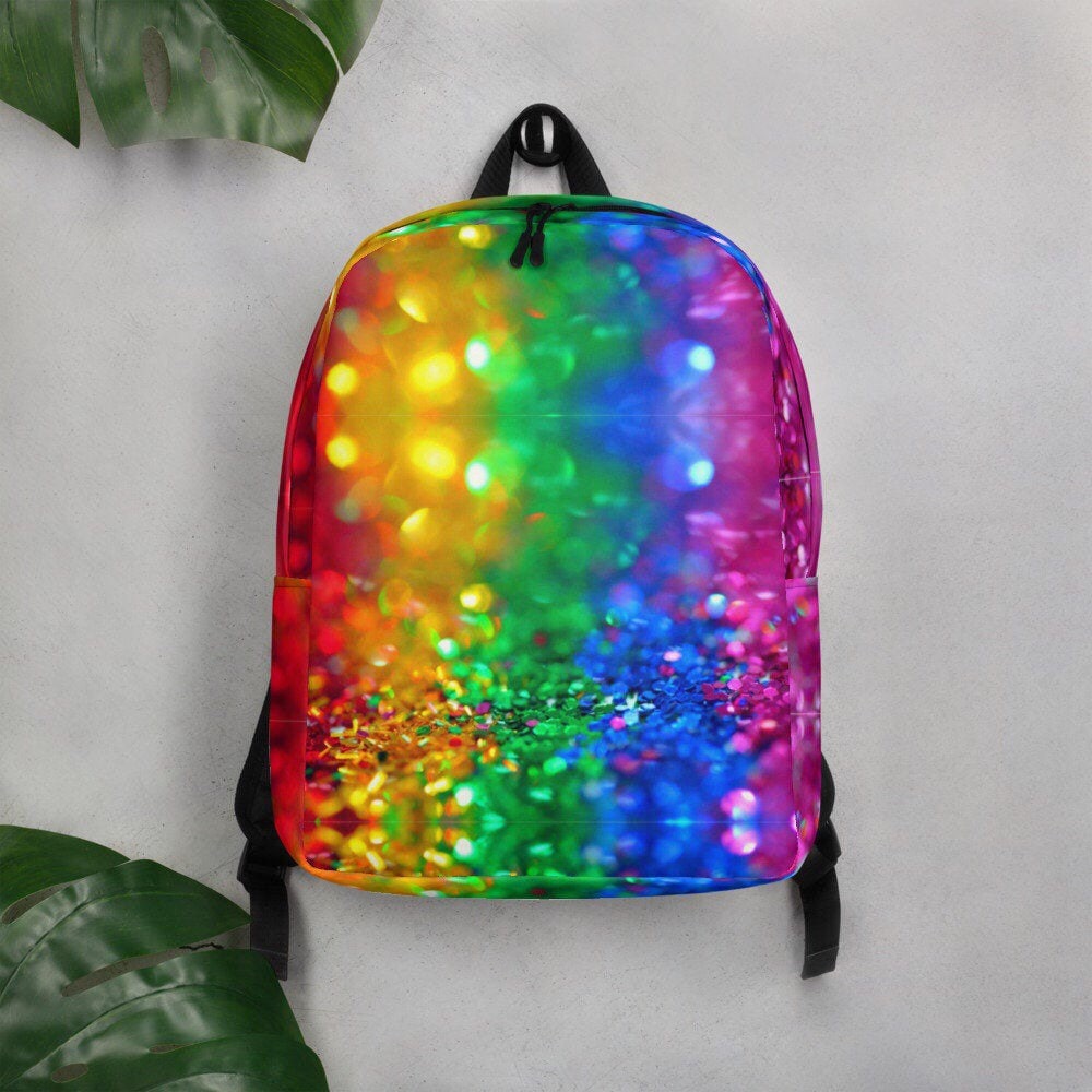 Rainbow Backpack School Bag, Glitter Print Minimalist Rainbow Backpack School Bag, Glitter Print Minimalist