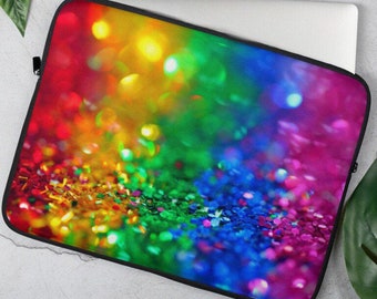 Rainbow Glitter Photo Laptop Sleeve, Glitter Protective Fabric Surface Sleeve, Rainbow MacBook Bag, iPad Padded Neoprene Laptop Sleeve Cover