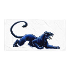 May include: A black panther with a curled tail, crouching and snarling, is depicted in a blue and black color scheme against a white background.