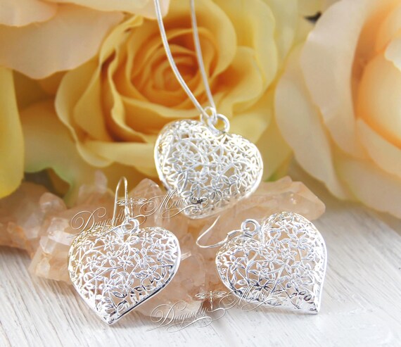 Beautiful Filigree Hearts Necklace Earrings STERLING SILVER