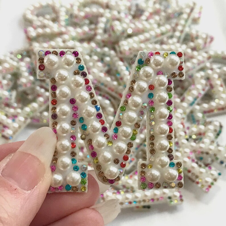 Letter Ms Rhinestone PEARL & MULTI COLOR Rhinestone Letters, Jean Jacket Bling Embellishment ...