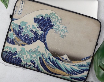 The GREAT WAVE JAPAN, Kanagawa Japanese Art Neoprene Laptop Sleeve, Famous Art MacBook Pro 13 15 Protective Fabric Tablet iPad Sleeve Zip Up