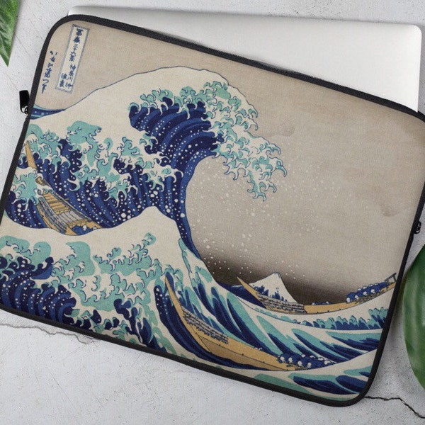 The GREAT WAVE JAPAN, Kanagawa Japanese Art Neoprene Laptop Sleeve, Famous Art MacBook Pro 13 15 Protective Fabric Tablet iPad Sleeve Zip Up