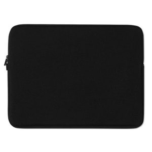 May include: A solid black laptop sleeve with a zipper closure. The rectangular case is designed to protect a laptop and has a smooth, matte finish. The zipper is silver.