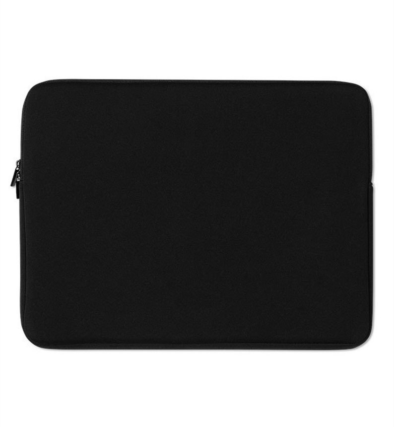 May include: A solid black laptop sleeve with a zipper closure. The rectangular case is designed to protect a laptop and has a smooth, matte finish. The zipper is silver.