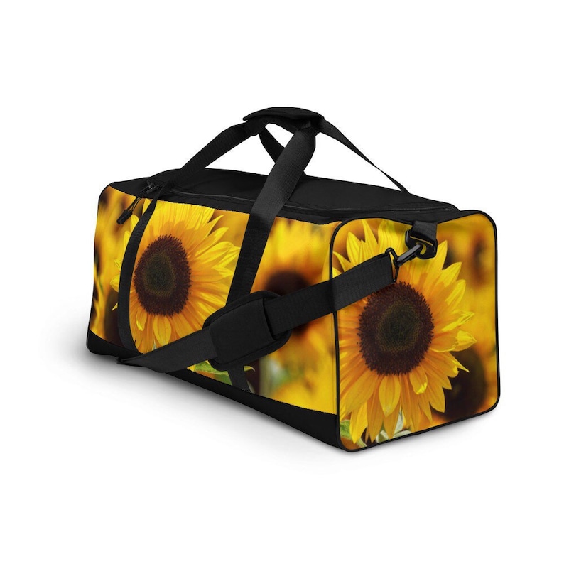 SUNFLOWER Field DUFFEL BAG, Floral Travel Duffel, Black Weekender Bag, Sunflowers Camp Duffel