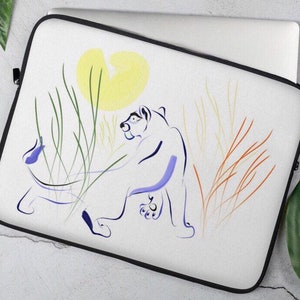 Panther Sketch Laptop Sleeve, Big Wild Cat Artist Sketch Protective Case, MacBook Bag iPad Tablet Padded Neoprene Laptop Sleeve Laptop Cover