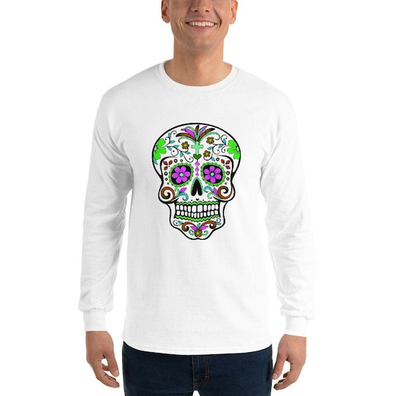 Día de los Muertos Tshirts, Neon SUGAR SKULL DTG Printed Shirt, Day of the Dead Graphic Long Sleeve, Trendy Halloween Party Long Sleeve T