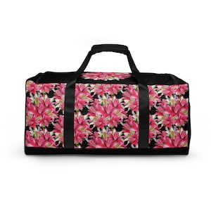 Bolsa esportiva com lírios rosa marcantes, bolsa esportiva de viagem com estampa floral, bolsa de fim de semana com estampa de lírios, bolsa esportiva para acampamento com estampa de flores de lírios, bolsa esportiva com estampa floral, bolsa para pernoite com estampa floral