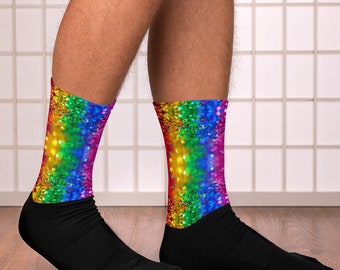 Rainbow Striped Glitter Photo Socks, Adult Men's and Women's Socks, Extra Comfortable, Cushioned Bottom,