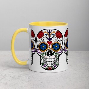 Dia de los Muertos Coffee Mug, Skull Mug w/ Color Inside, Day of the Dead Coffee Cup, Mexican Sugar Skull Mug, Punk Goth Sugar Skull Cup
