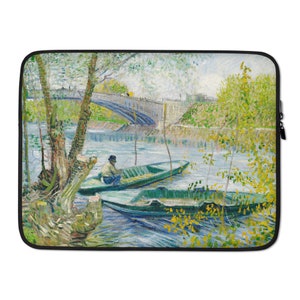 May include: A painting of a river scene with a bridge in the background. A person is rowing a boat in the foreground. The painting is done in a style reminiscent of Impressionism, with visible brushstrokes and a focus on light and color.