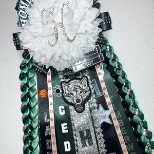 HOMECOMING MUM, Personalized Single Petite Dark Green, Black & Silver with Military Braids Homecoming Freshman, Sophomore, Junior, Senior