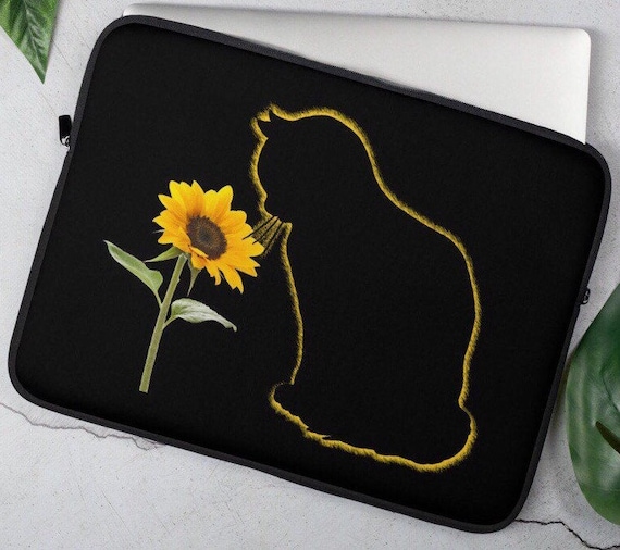 BLACK CAT SUNFLOWER Laptop Sleeve 13 15, Cat Lover Floral Art Neoprene Fabric Case, Supreme Padded Cover, Designer Travel Case, School Gift