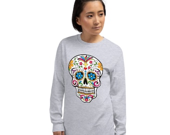Mexican Sugar Printed Shirt, Day of the Dead Long Sleeve, Día de Muertos, Cinco de Mayo Dia de los Muertos Skull Unisex Tshirts, La Catrina