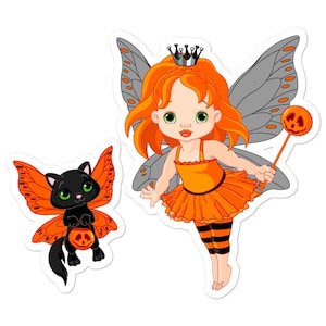 Sticker kleine feeënprinses en haar feeënkat, kattenliefhebber stickers zonder luchtbellen, Faerie Hydrflask sticker, katachtige autoruit bumpersticker