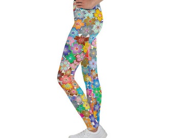 FUN RAINBOW BLOSSOM Floral Leggings, Full Length Yoga Set, Super Soft Crossfit Workout Gift for Her, Teen Girl Activewear, Girls School Pant