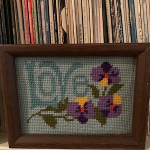 Flower Power Love Hippy Cross Stitch Vintage Framed Blue Pansies