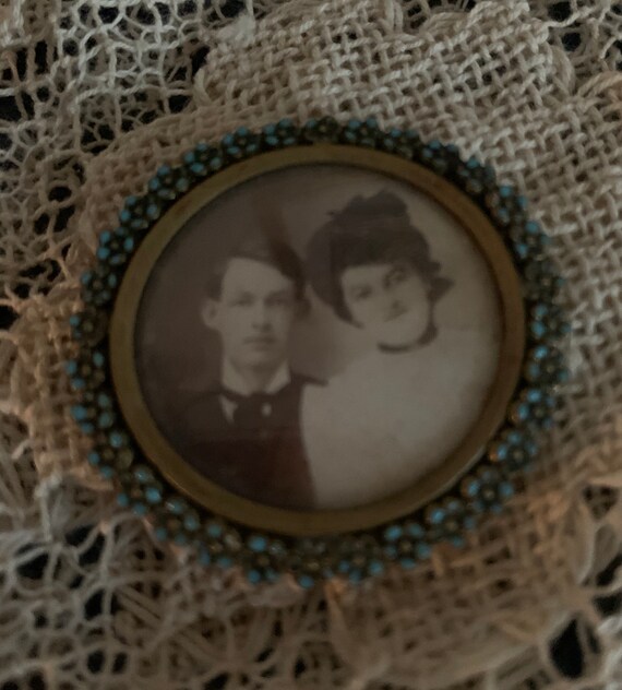 Victorian Couple Mourning Pin in Small Blue Forge… - image 3