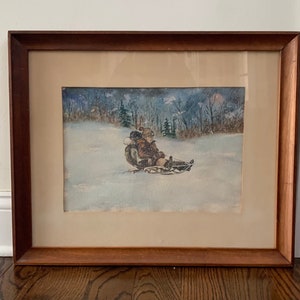Charming Vintage New England Winter Scene Watercolor Two Children Sledding Sled Snow