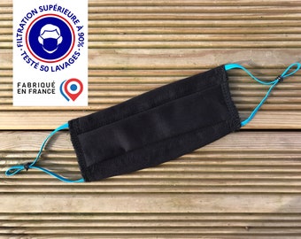Afnor adjustable child mask filtration 90% made in France - Cat1 UNS1 - black and blue