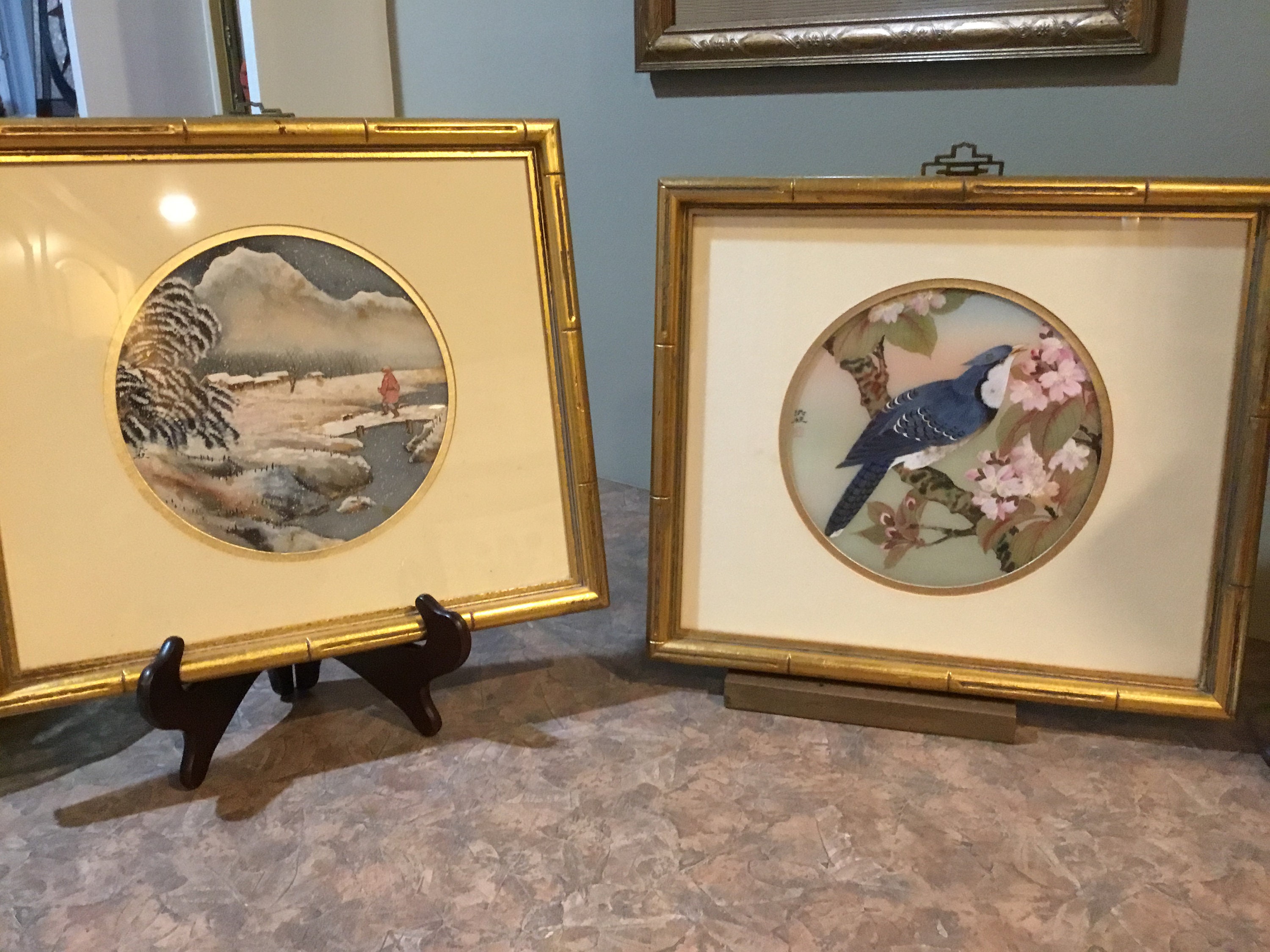 HUNG CHU LEE、直筆サイン入り、額入り、シルクに描かれたアジアの絵画