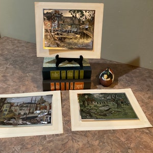 Lionel Barrymore Gold Foil Etching &quot;Little Boatyard&quot; Venice, CA, Shoreside Farm, Harbor Shelter, Nautica Framed Set of 3