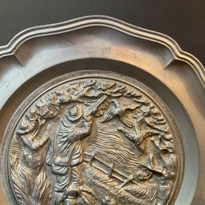 2 Vintage Pewter Plates Moose & Hunting Dog German?