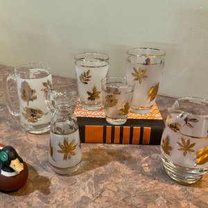 Jarro de vidro Libbey, folhas de ouro, copos Libbey Tumblers, garrafa de óleo, caneca de cerveja, conjunto de 6 peças, folhagem dourada fosca, V
