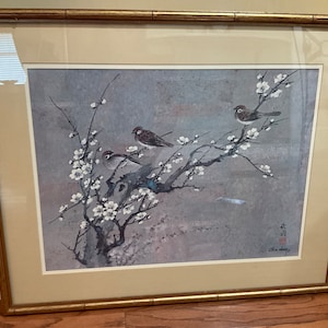 1977 Chiu Weng Cherry Blossoms Floral & Bird Framed Lithograph Print 32&quot;