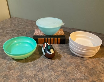 Tupperware Cereal Bowls Sheer Pastel, Set of 2, #155, Almond Cereal Soup Storage Bowls 2415A, Set of 3, and Wonderlier Pastel Blue Bowl