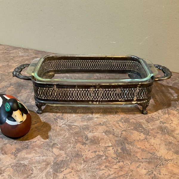 Silverplate Loaf Bread Pan Stand, 2 Pieces (Silver Stand and Glass Pyrex Loaf Pan), Footed, Ornate