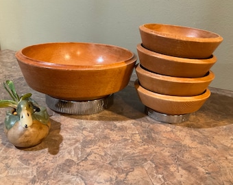 Hellerware Wood and Chrome Bowl Set Salad Bowl and 4 Bowls vintage