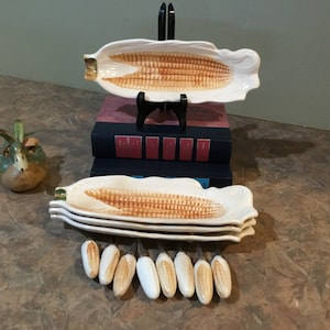 Corn On The Cob Holder Vintage Ceramic with picks, yellow and tan footed corn holder trays old