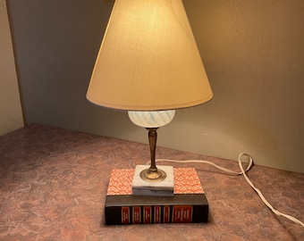 Fenton Glass Table Lamp Opalescent Swirl Brass Marble Base White Shade, Vintage, No Markings