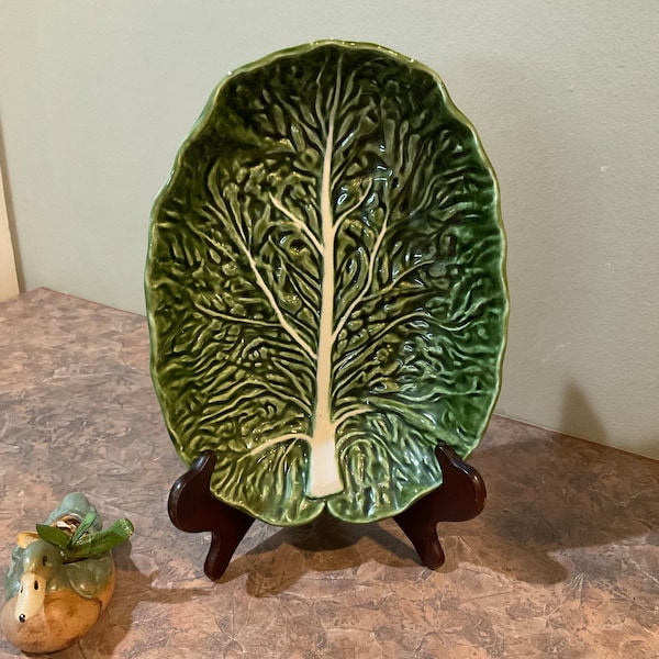 Olfaire Pottery Green Cabbage Leaf 810 Oval Bowl Platter Plate Dish Majolica Portugal