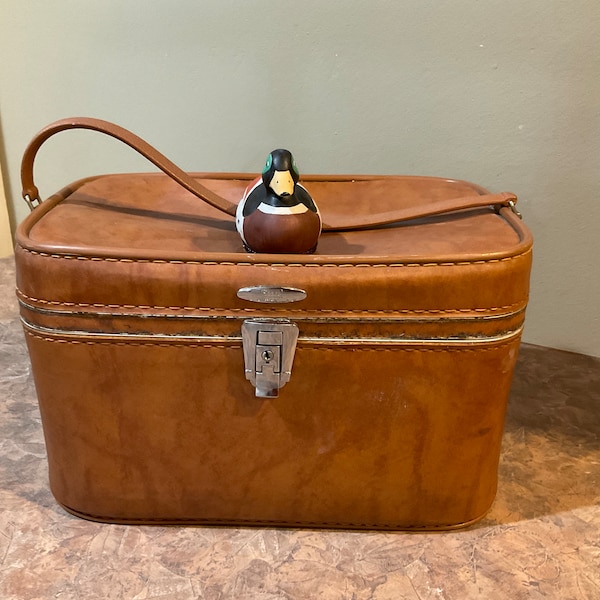 Featherlite by Sears, Estuche de tren, equipaje vintage, viaje, 1950s-1960s, AMBER GOLD Train Case Retro TRAVEL Maquillaje Equipaje